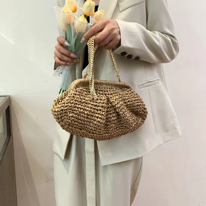 Bohemian Straw Dumpling Clutch Bag | Woven Straw Tote Purse for Women (Summer Beach Bag, Wicker Clutch)