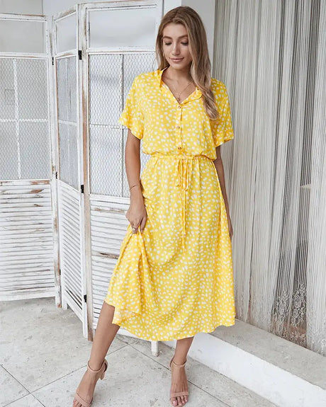 Vintage Floral Print Dress Women Boho Short Sleeve Long Dress Turn Down Collar Casual Waistband Shirt Dresses Robe 2021 Summer - Lootquake
