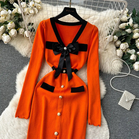 SINGREINY Office Lady Sweater Long Dress 2023 Bow Single Breasted Elastic Split Women Autumn Dress Fashion Senior Knitted Dress - Lootquake