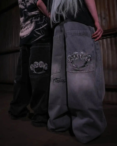 Y2K Pocket Fashion Embroidery Street Harajuku Gothic Retro High Waisted Loose Casual Jeans American Hip-hop Wide Leg Pants - Lootquake