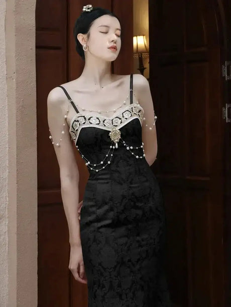 Summer Women Gorgeous Party Mermaid Prom Dress Spaghetti Strap Pearl Beading Ruffles Dress Feminine Backless Trumpet Long Dress - Lootquake