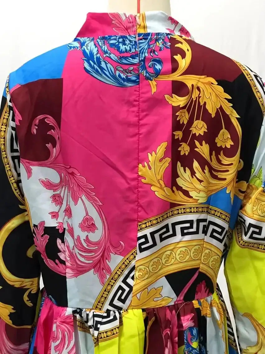 2024 Spring Summer New Cross-border Wishdress Women's Clothing Artistic Printing Plenty Folds Seven-half Sleeves Long Dress - Lootquake