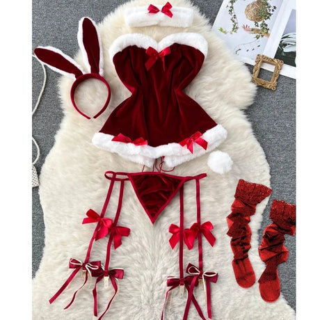 Red Christmas Sexy Lingerie Shawl Set Halter Jumpsuit Lace-up Cosplay Costume New In Women Clothes Skinny Bodysuit Suit Hotsweet - Lootquake