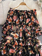 Summer New Off Shoulder  Wrap Waist to Show Thin A-line Fragmented Cake Dress Women's Beach Vacation Chiffon Long Dress GD820 - Lootquake