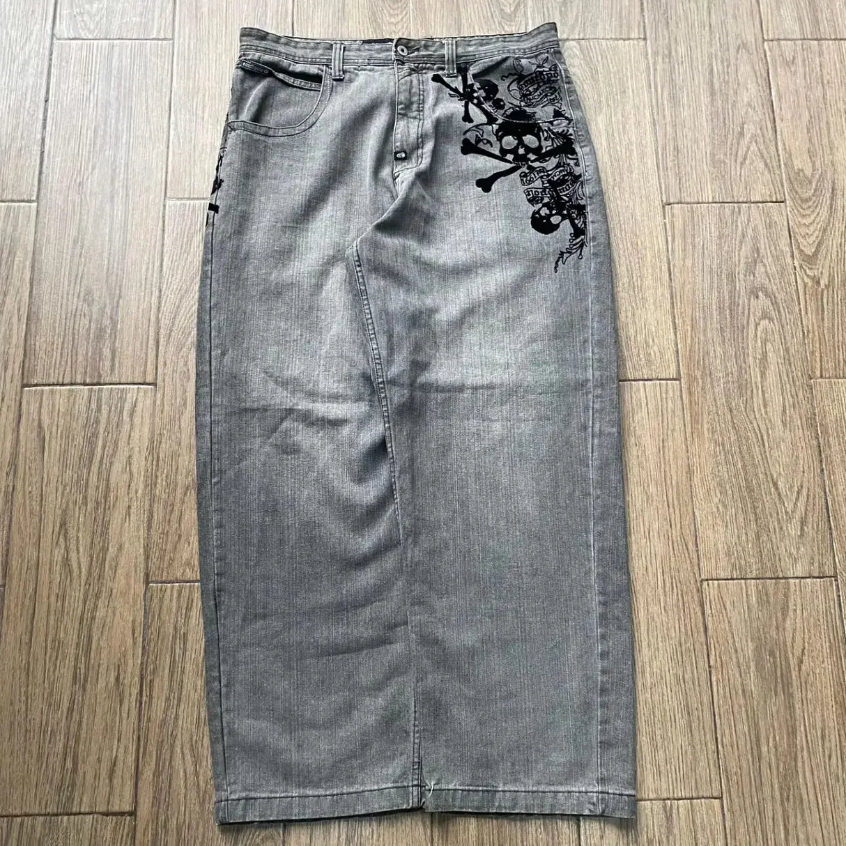 Retro southpole jeans skull watermark loose jeans men women y2k harajuku gothic hip hop skateboard pants street wear mom jeans - Lootquake