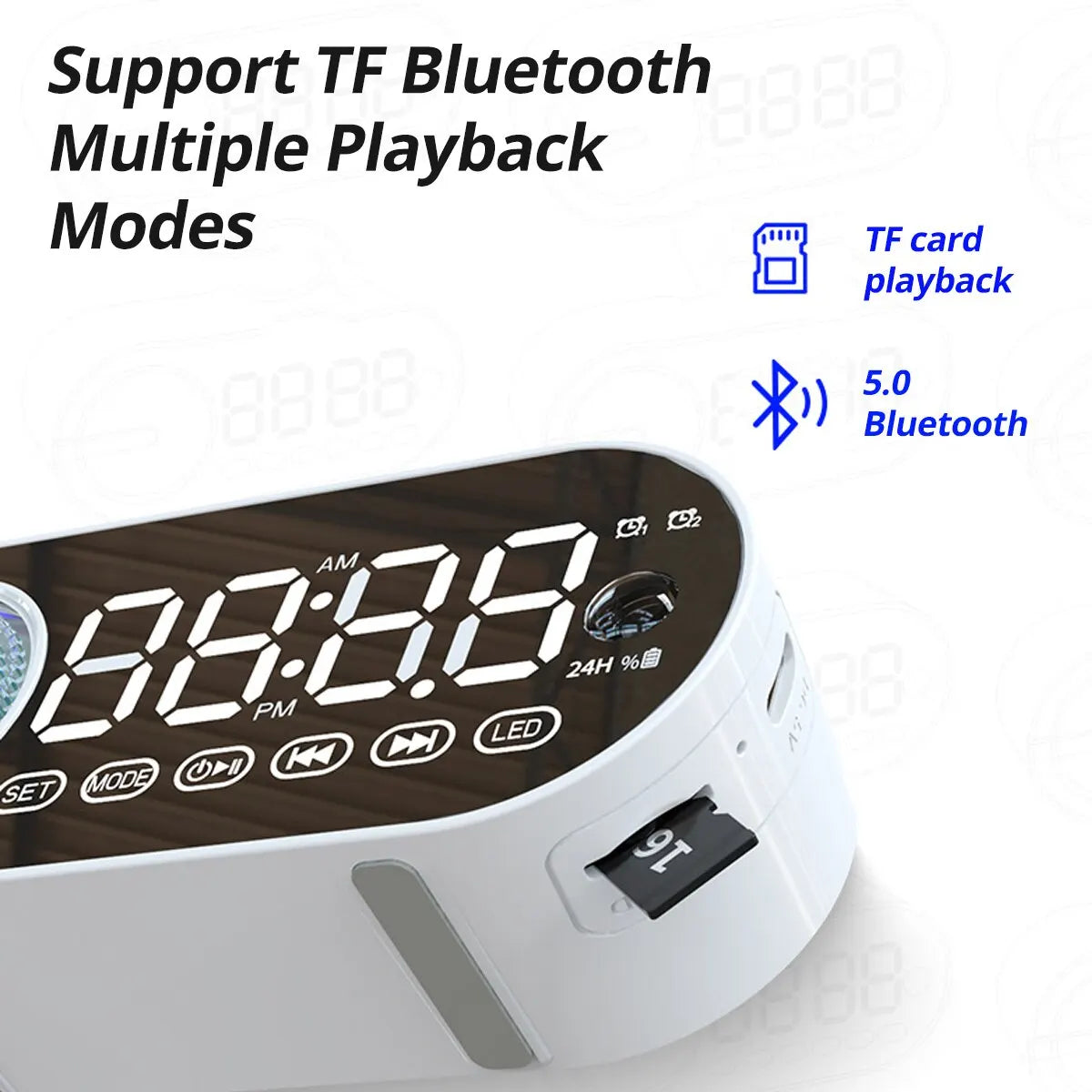 Altavoz Bluetooth inalámbrico silencioso, despertador RGB TWS, USB, LED, espejo, reloj digital FM, pantalla grande, decoración para sala de estar y oficina.