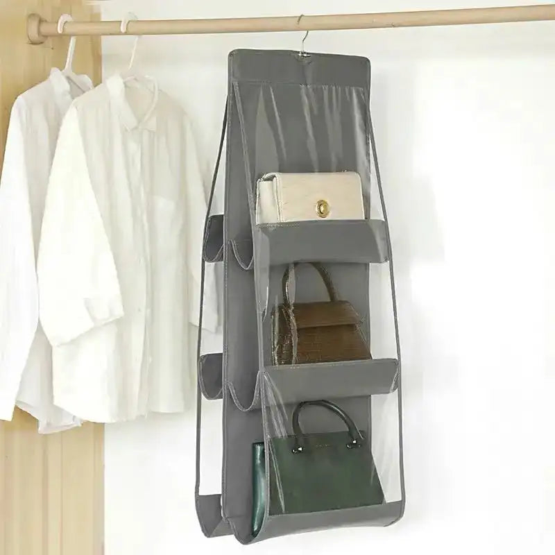 6 Pocket Hanging Handbag Organizer For Wardrobe Closet Gray Waterproof Storage Bag Door Wall Clear Sundry Bag With Hanger Pouch - Lootquake