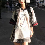 Silver 2024 New Summer Retro Number 3 Jersey for Women Street Contrasting Patchwork Mesh V-neck Oversize Short Sleeved T-shirt - Lootquake