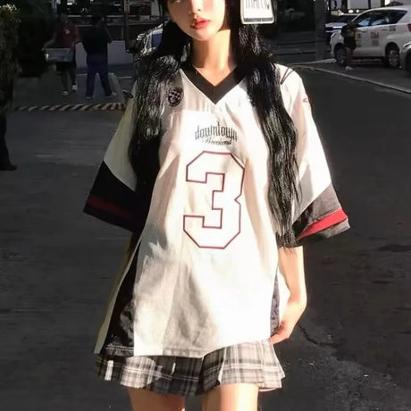 Silver 2024 New Summer Retro Number 3 Jersey for Women Street Contrasting Patchwork Mesh V-neck Oversize Short Sleeved T-shirt - Lootquake