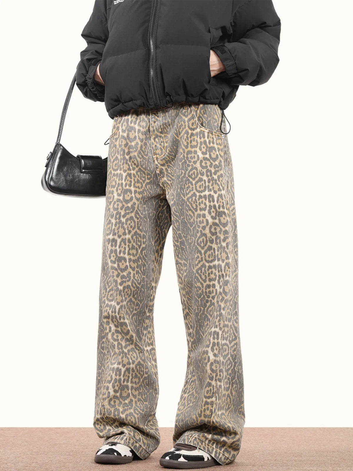 American Style Leopard Wash Jeans Women Y2K Retro Street Hot Girl Loose Casual Pants High Waist Straight Leg Jeans - Lootquake