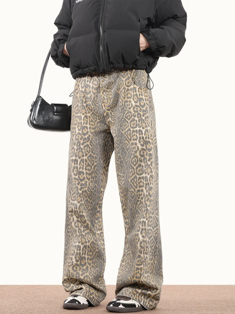 American Style Leopard Wash Jeans Women Y2K Retro Street Hot Girl Loose Casual Pants High Waist Straight Leg Jeans - Lootquake