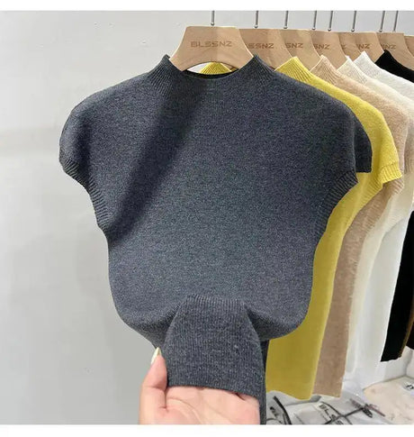 Half High Collar T-shirts Flying Sleeve Design Slim Knitted Sleeveless Top Women Simple Comfortable White T-shirts Summer 2025 - Lootquake