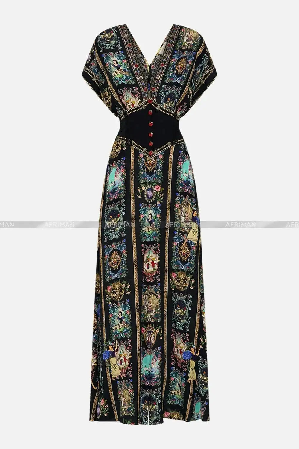 Women New V Neck Crystal Beaded Short Sleeve Retro Cartoon Print Elastic High Waist Silk Long Dress - Lootquake