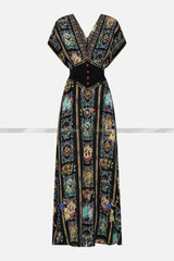 Women New V Neck Crystal Beaded Short Sleeve Retro Cartoon Print Elastic High Waist Silk Long Dress - Lootquake