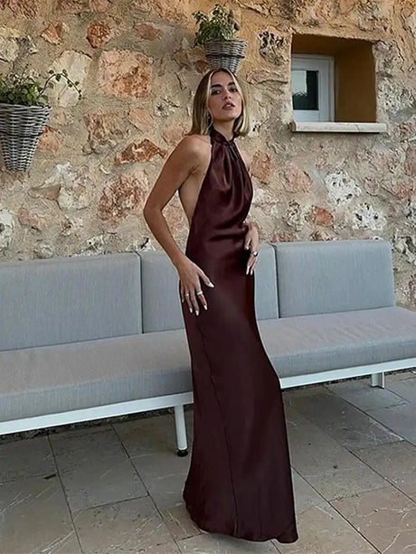 Off Shoulder Satin Halter Long Dress Woman Sexy Hanging Neck Female Pleated Dresses Summer Backless Midi Evening Party 2024 New - Lootquake