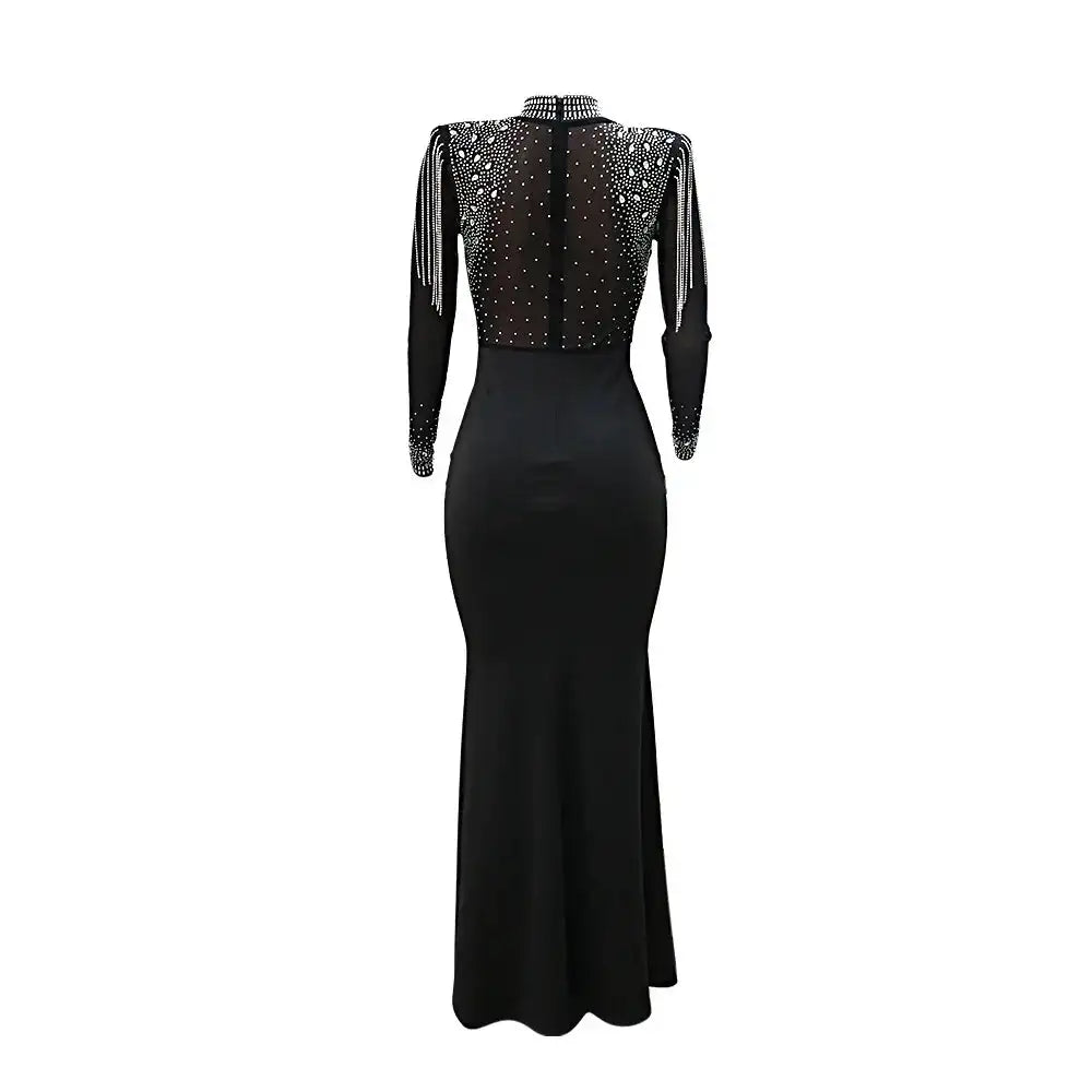 CM.YAYA Vestido largo de sirena con diamantes de imitación y manga larga transparente para mujer, de malla transparente, sexy, para fiesta de noche o otoño