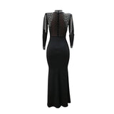 CM.YAYA Vestido largo de sirena con diamantes de imitación y manga larga transparente para mujer, de malla transparente, sexy, para fiesta de noche o otoño