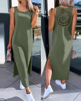 Hollow Out Solid Long Dress Women Fashion Sleeveless O-neck Maxi Dresses For Women 2024 Summer Women's Slim Split Vestidos Black - Lootquake