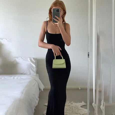 Dresses For Women 2023 Sexy Spaghetti Strap Black Long Dress Evening Y2k Sleeveless Solid Skinny Bodycon Maxi Vestidos - Lootquake