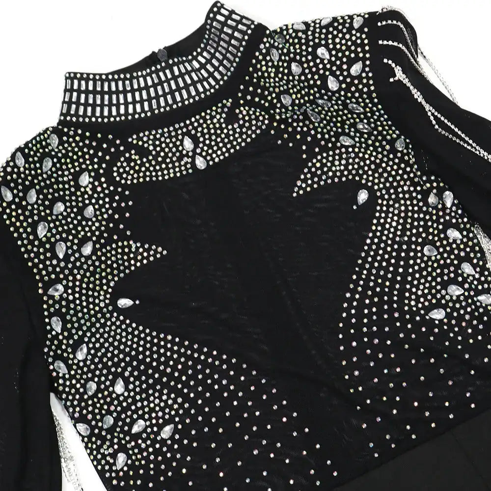 CM.YAYA Vestido largo de sirena con diamantes de imitación y manga larga transparente para mujer, de malla transparente, sexy, para fiesta de noche o otoño