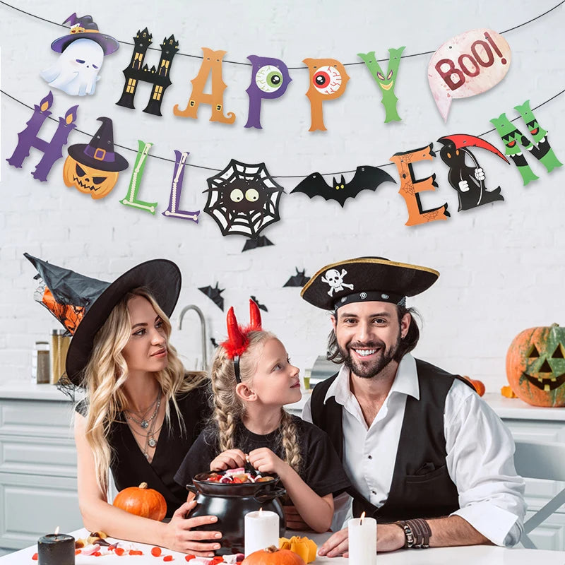 Halloween Party Paper Garland Bat Pumpkin Banner 2025 Happy Halloween Party Decoration for Home Trick or Treat Hanging Pendants