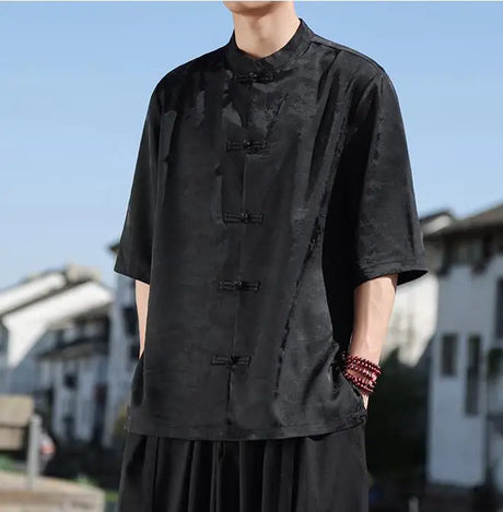Plus Size Summer Mens Chinese Shirt Ice Silk Vintage Shirt Tang Suit Hanfu Tops Male Vintage Clothing Stand Collar Loose Shirts - Lootquake