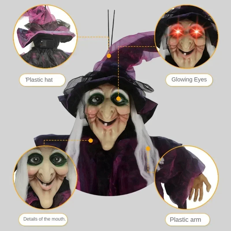 Halloween Hanging Witch Decor Skeleton with Sound Glowing Red Eyes Scary Talking Witch Halloween Decorations Haunted House Props