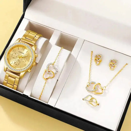 6PCS Set Rose Gold Luxury Watch Women Ring Necklace Earring Rhinestone Fashion Wristwatch Casual Ladies Bracelet Watches - Lootquake