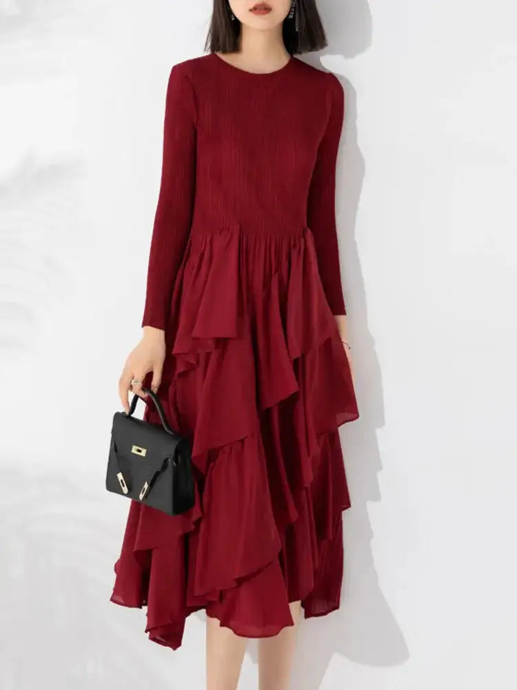 LANMREM Elegant Pleated Long Dress For Women Round Neck Long Sleeves Ruffles A-line Dresses Fashion 2025 Spring New 32C2026 - Lootquake