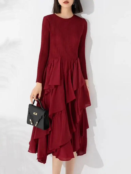 LANMREM Elegant Pleated Long Dress For Women Round Neck Long Sleeves Ruffles A-line Dresses Fashion 2025 Spring New 32C2026 - Lootquake