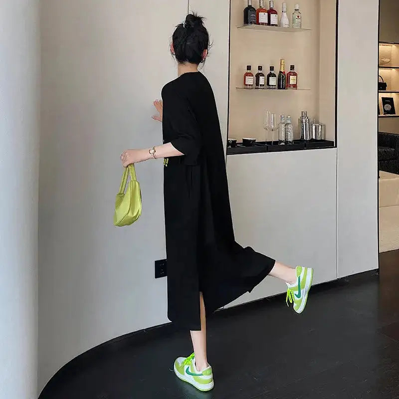 Vestido largo blanco con estampado Harajuku para mujer, ropa Y2K, informal, de manga corta y cuello redondo, moda coreana, vestidos sueltos de verano para mujer 2024