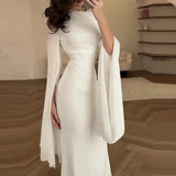 Fashion Satin Solid Robe Dress Ladies Temperament O-neck Slim Evening Dress Elegant Batwing Sleeves High Waist Pleats Long Dress - Lootquake