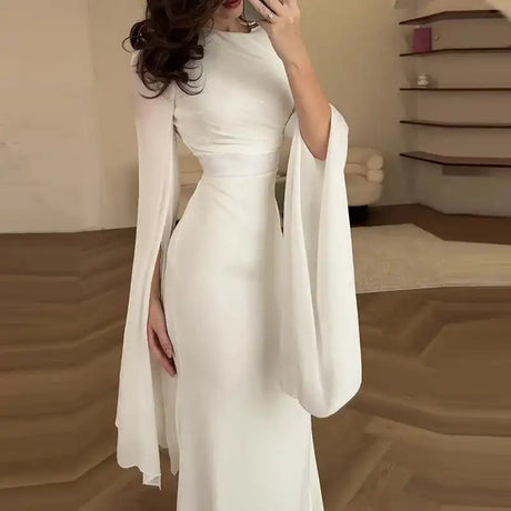 Fashion Satin Solid Robe Dress Ladies Temperament O-neck Slim Evening Dress Elegant Batwing Sleeves High Waist Pleats Long Dress - Lootquake