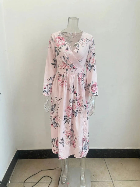 Amazon eBay Cross border 2024 Summer Chiffon Printed Long Dress V-neck Dress Long Sleeve Split Dress Women - Lootquake