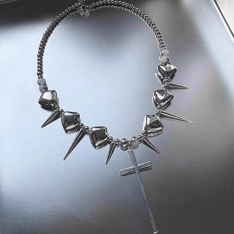 Retro Y2K Long Spike Rivet Necklace Stainless Steel Cross Hip Hop Necklace for Women Vintage Grunge Style Party Jewelry - Lootquake