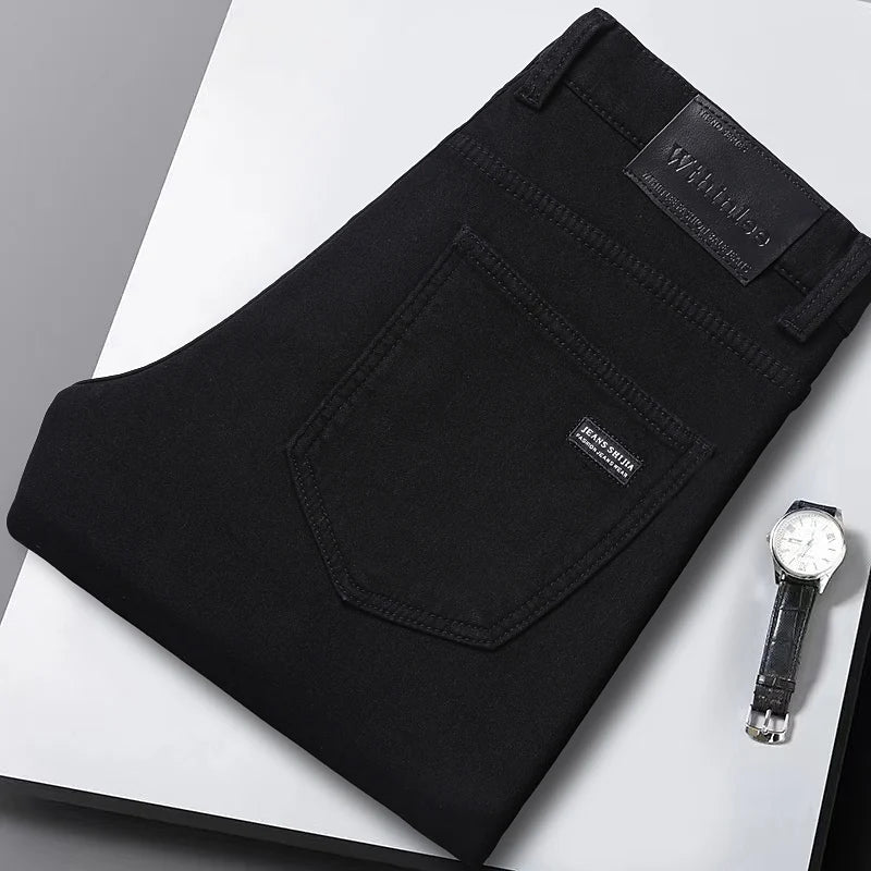 2024 New Winter Pure Black Fleece Thick Warm Jeans Men's loose Straight Elastic Denim Pants classics Casual Plush Trousers - Lootquake