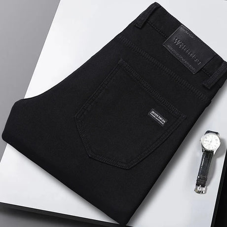 2024 New Winter Pure Black Fleece Thick Warm Jeans Men's loose Straight Elastic Denim Pants classics Casual Plush Trousers - Lootquake