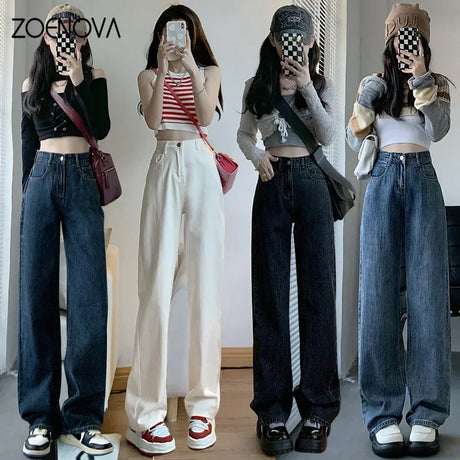 ZOENOVA High Waisted Jeans Y2K Fashion Women Clothing Blue Black Straight Leg Denim Pants Trousers Mom Jean Baggy Trousers Tall - Lootquake