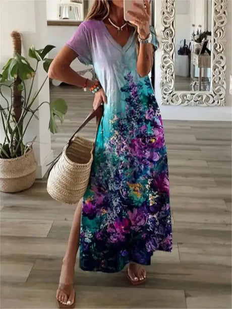 2024 Vintage Floral Elegant Maxi Dress For Women Summer Fashion V Neck Short Sleeve Split Boho Long Dress Party Beach Dresses - Lootquake