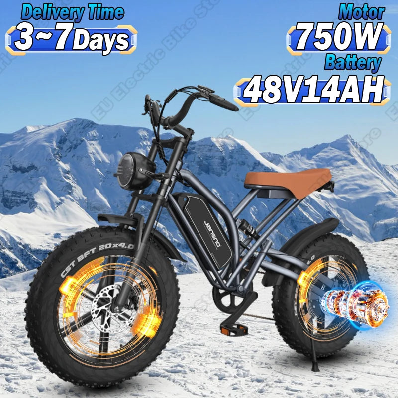 Bicicleta eléctrica X50P con motor de 750 W, batería de litio de 48 V y 14 Ah, estilo retro, para adultos, neumáticos anchos de 20 x 4,0 pulgadas.