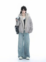 Winter New Plush Jacket American Retro Mao Collar Hooded Jackets Women Street Hip hop Gothic Harajuku Casual Cotton-Padded Coat - Lootquake