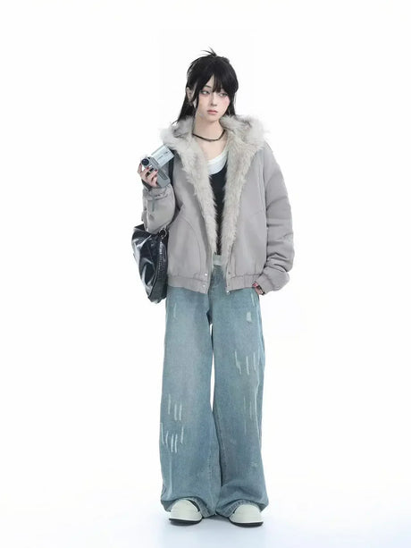 Winter New Plush Jacket American Retro Mao Collar Hooded Jackets Women Street Hip hop Gothic Harajuku Casual Cotton-Padded Coat - Lootquake