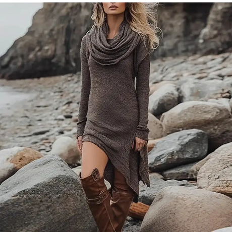Indie Folk Woman Solid Color Vintage Dress Autumn Pile Collar Pullover Long Dress Winter Long Sleeve Swallowtail Irregular Dress - Lootquake