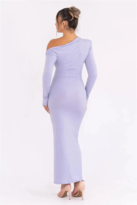 Mozision Sparkle Long Sleeve Sexy Maxi Dress For Women Inclined Shoulder Backless Bodycon Ruched Club Party Sexy Long Dress - Lootquake