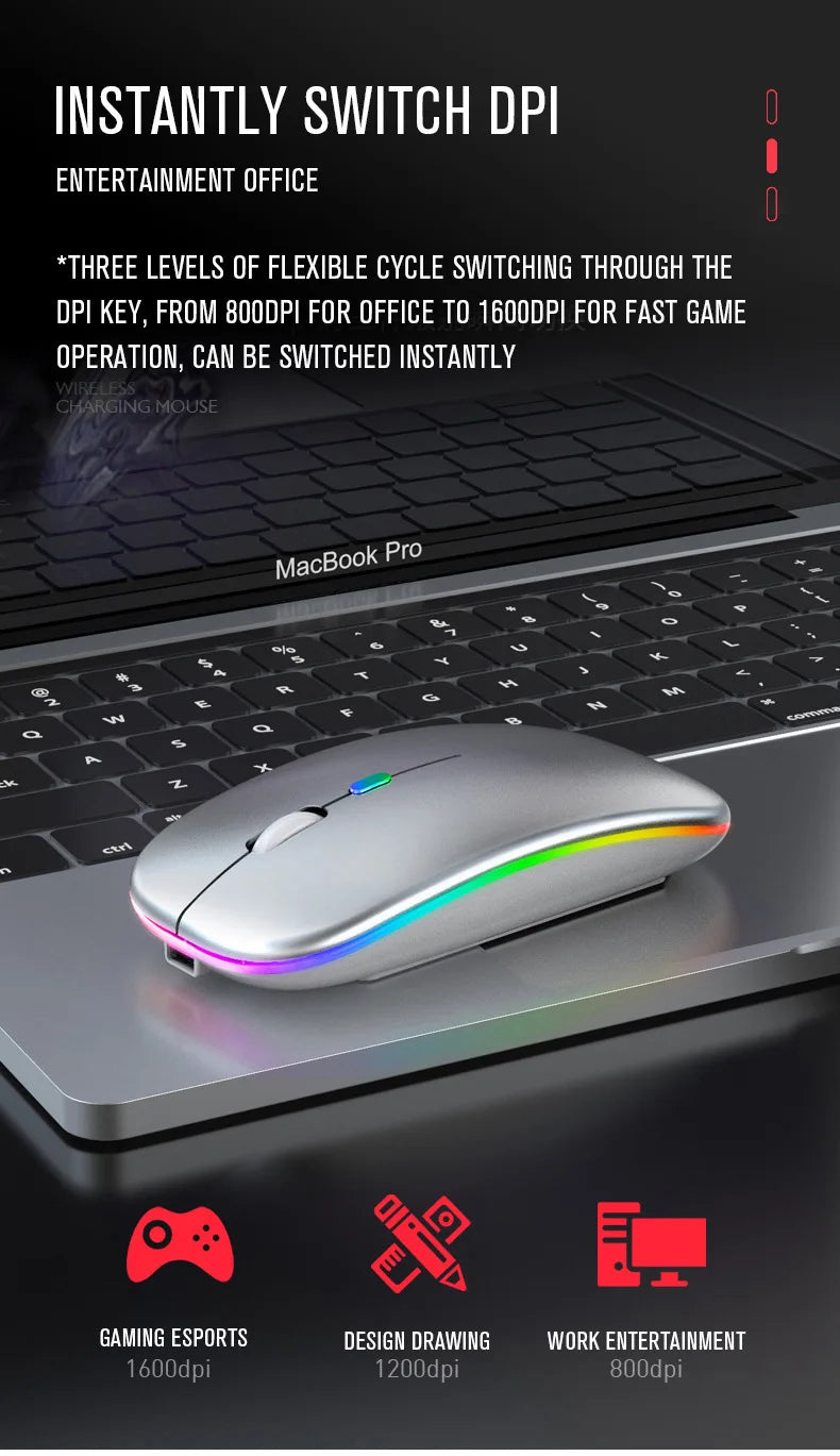 Souris de jeu sans fil, rétroéclairée, compatible USB, rechargeable, RVB, silencieuse, ergonomique, pour ordinateur portable et PC
