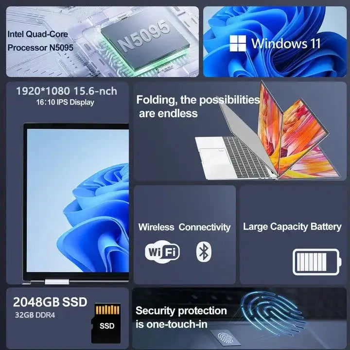 15.6"Laptop Intel Celeron N5095 notebook gamer 32GB RAM 2TB SSD Office Study PC Computer Windows 11 1920*1080 Resolution laptop - Lootquake