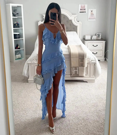 2025 Summer Women Long Dress Blue Solid V-neck Backless Irregular Sexy Slip Dresses Female Fashion Holiday Beach Clothes Ladies - Lootquake