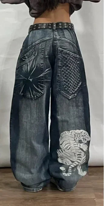 Retro southpole jeans skull watermark loose jeans men women y2k harajuku gothic hip hop skateboard pants street wear mom jeans - Lootquake