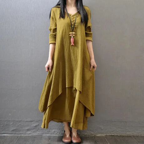 Women Elegant Linen White Dresses Bohemia Layering Vintage Robe Long Sleeve Loose Long Dress Female Autumn Vestidos - Lootquake