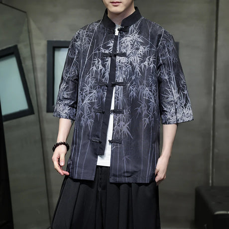 Men Chinese Style Hanfu Shirt Mens loose Tops Tang Suit Bamboo Printing Traditional Kung Fu Shirts Male Casual Shirts M-XXXXXL - Lootquake